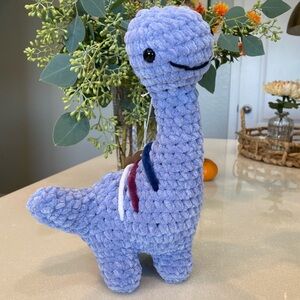 Handmade Crocheted Purple Dinosaur Plush Toy With Blue Burgundy White Stripes